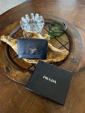 Prada Black Saffiano Leather Fold Wallet with Gold Logo